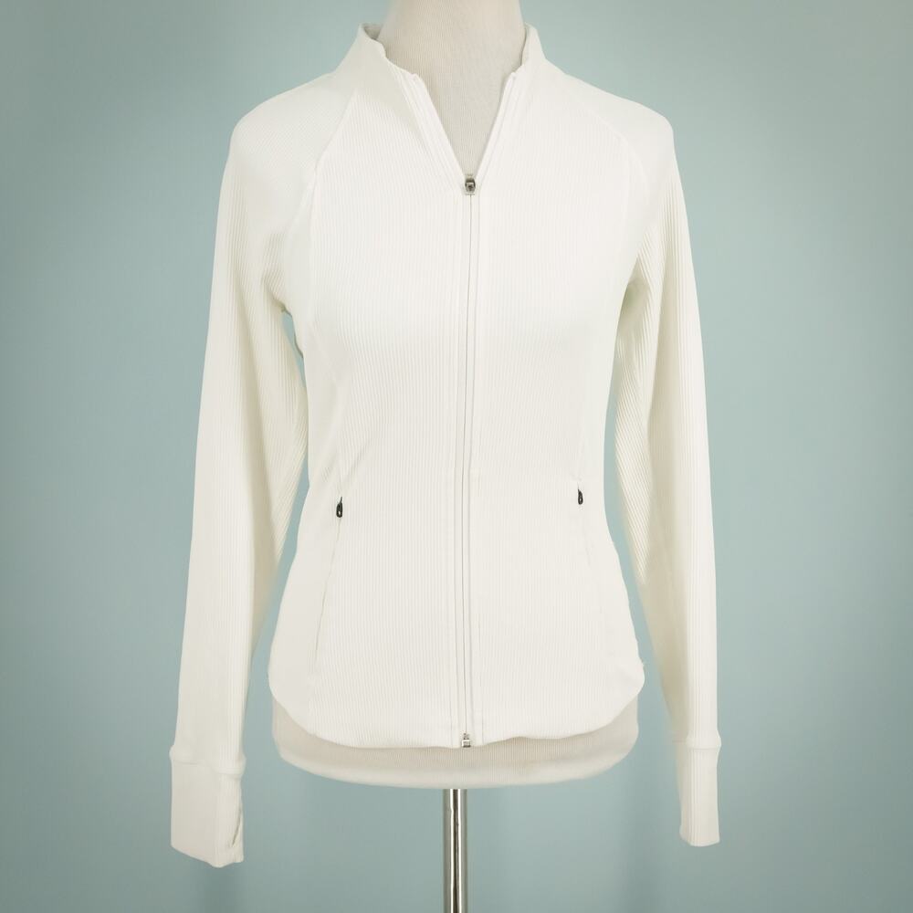 Athleta Size Small S Salutation White Solid Ribbed Full Zip Active Jacket - Picture 2 of 8
